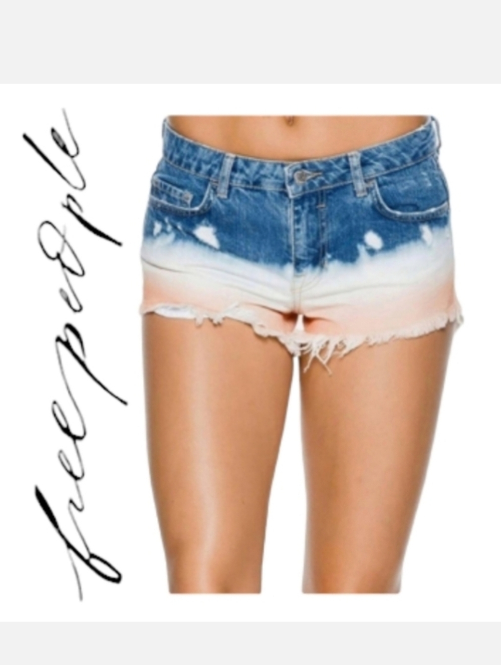 Free People Cut-off Denim Shorts Dip Dye Fray Blue/Off White Sz 24 Boho